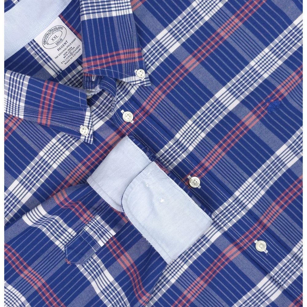 Brooks Brothers Shirt Mens 2XL Blue Plaid Regent Non Iron Stretch Cotton Oxford